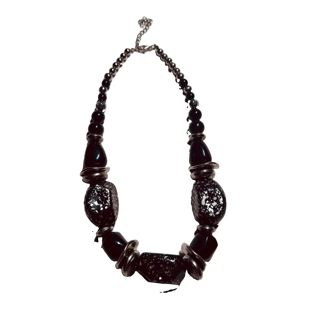 Statement Necklace Women OS Black Silver Speckled Chunky Bib Excellent